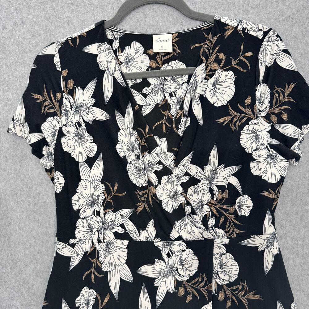 Soma Tropical Floral Mock Wrap Dress Size M Black White Soft Knit Coastal Beach - Picture 3 of 12